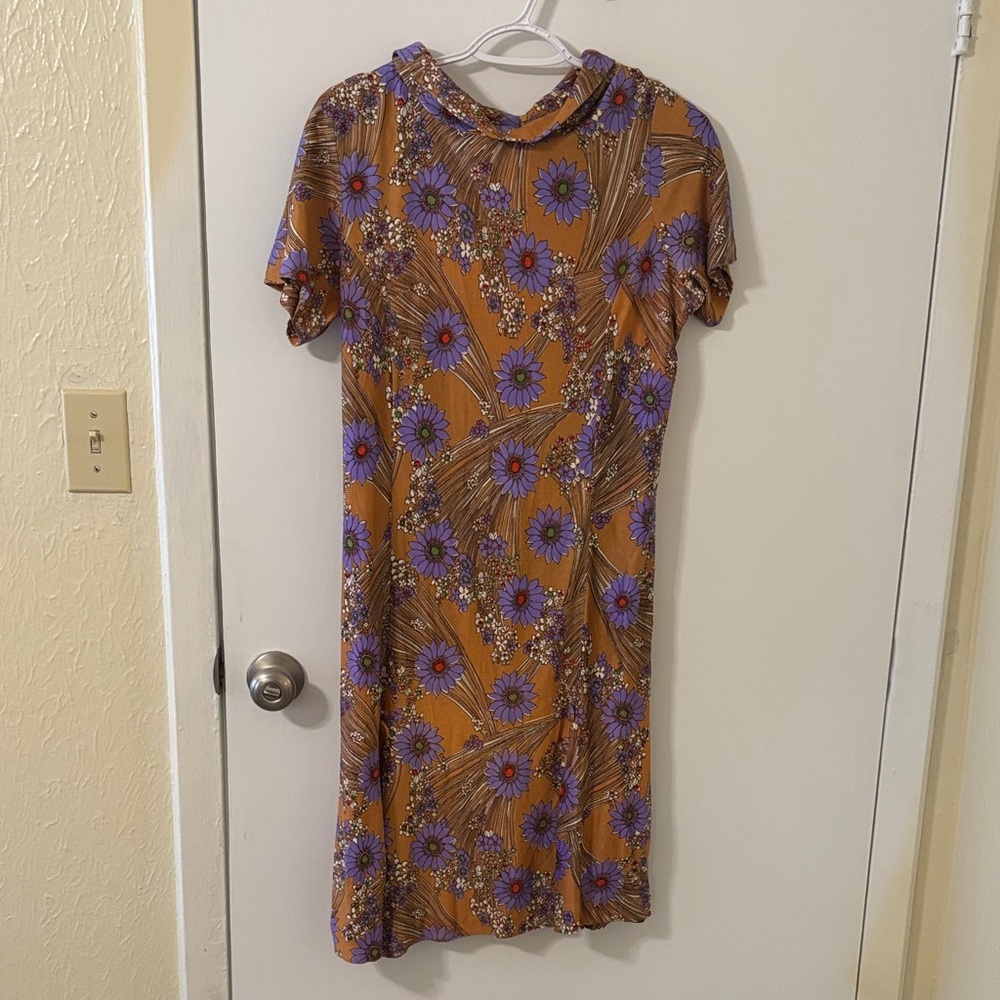 1970s Floral Print Women's Dress - Purple and Brown